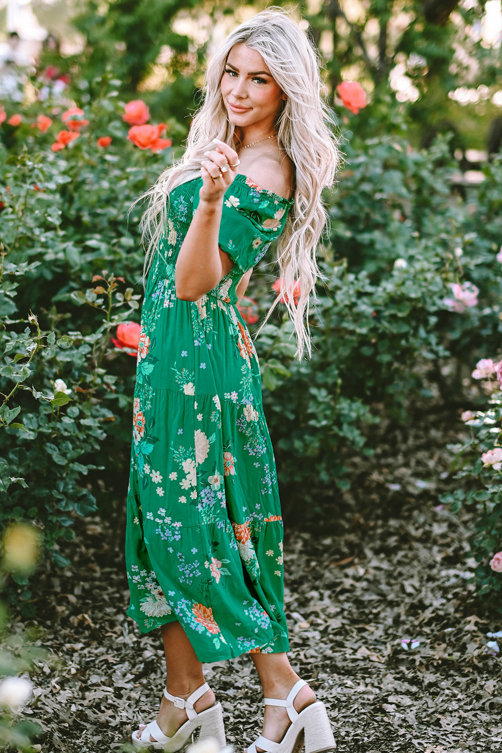 Floral Print Smocked Tiered Midi Dresses