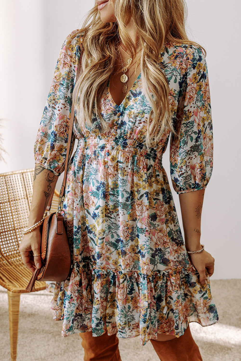 Floral 3/4 Sleeve V Neck Ruffled Dress