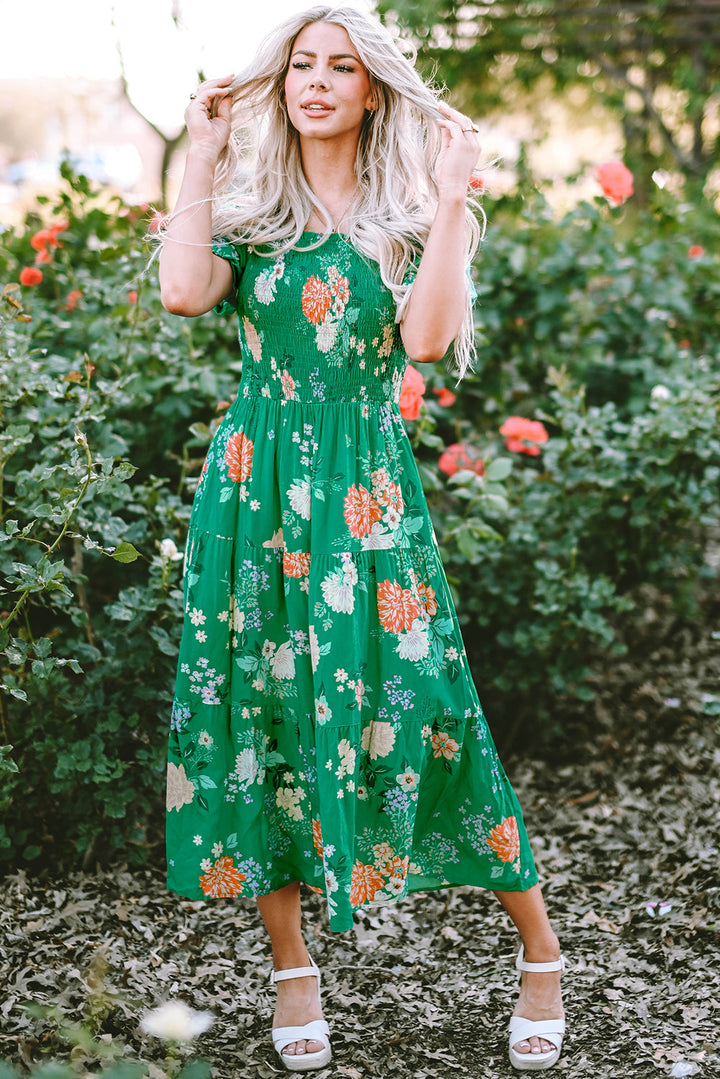 Floral Print Smocked Tiered Midi Dresses