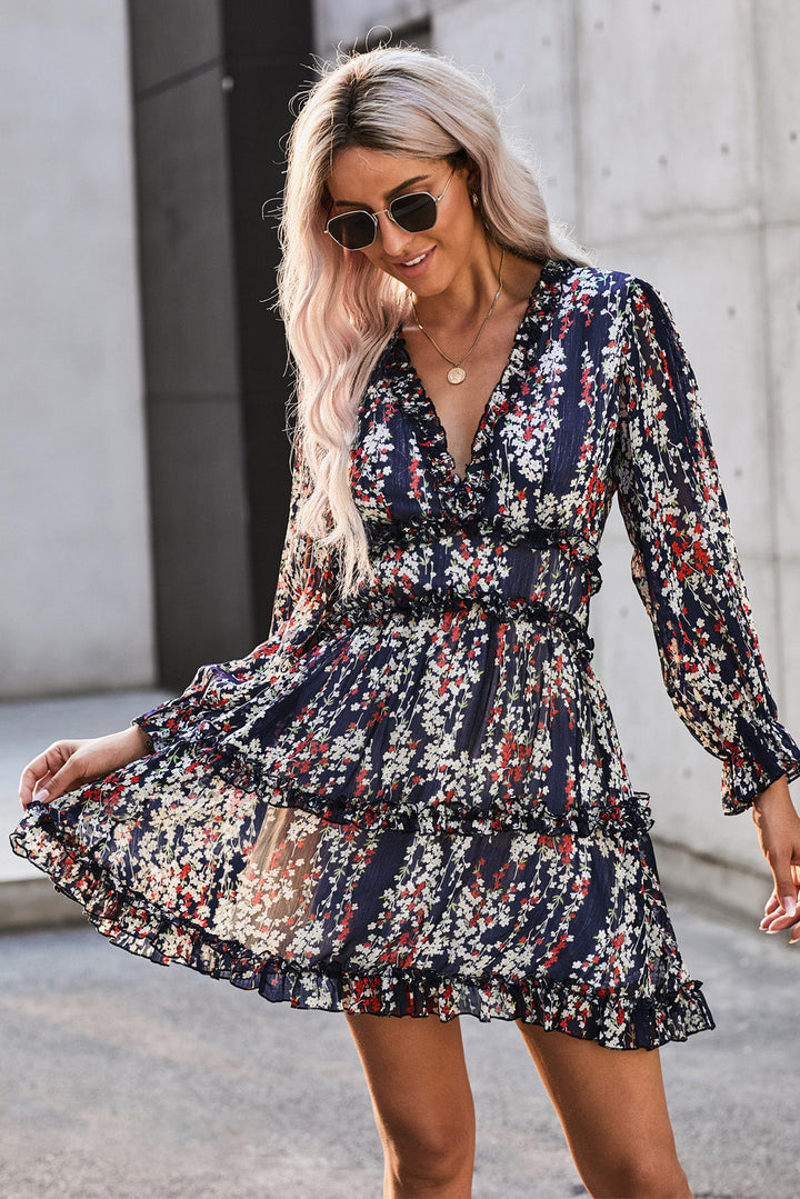 White Ruffle Detailing V-Neck Open Back Floral Dress