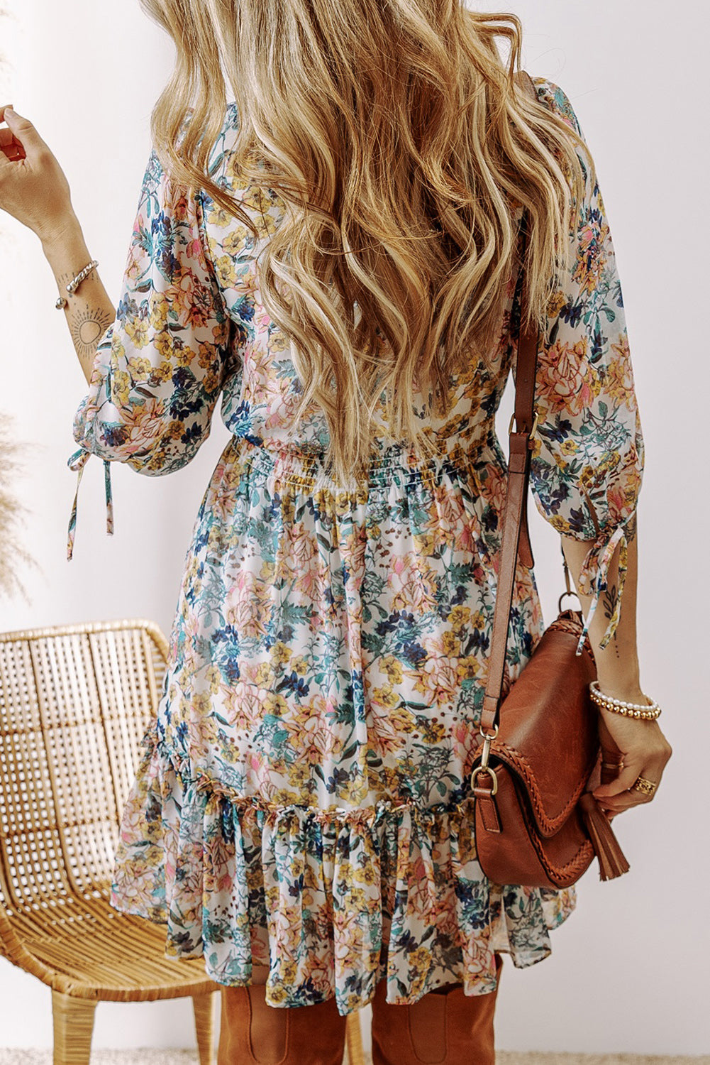 Floral 3/4 Sleeve V Neck Ruffled Dress