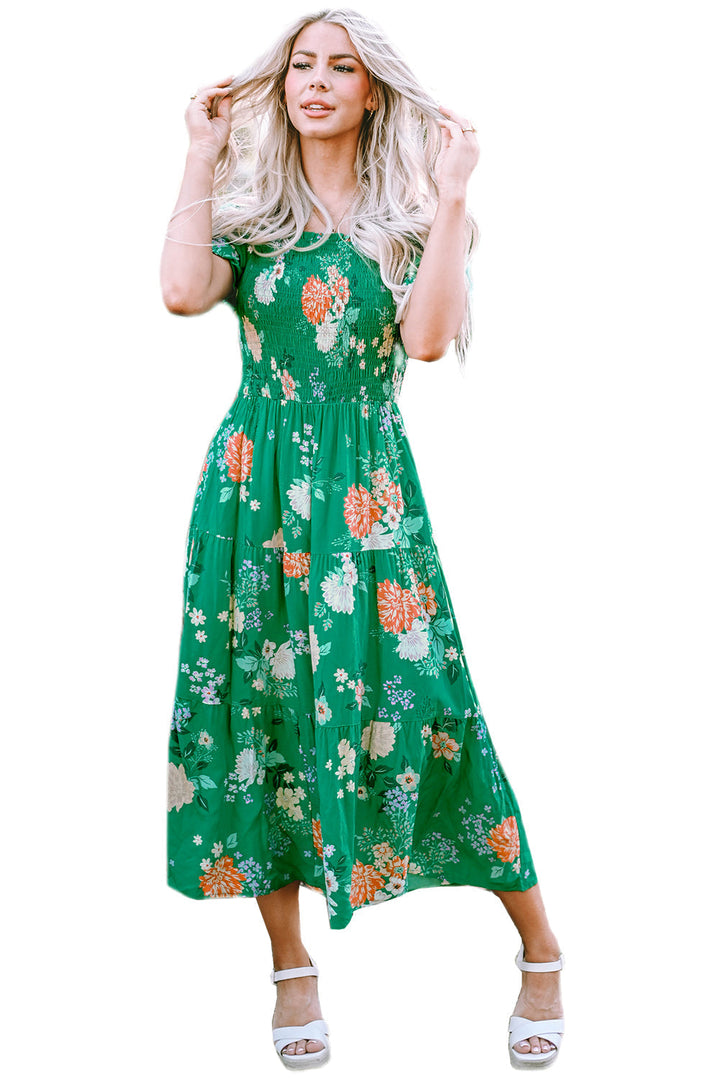 Floral Print Smocked Tiered Midi Dresses