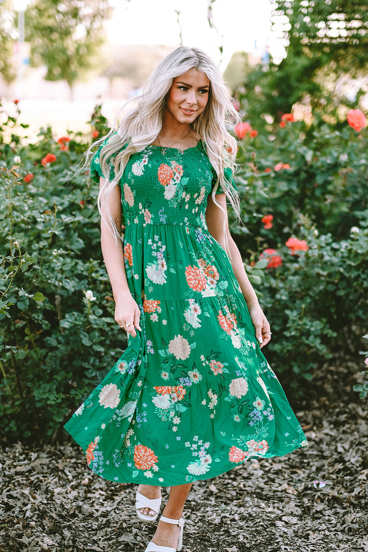 Floral Print Smocked Tiered Midi Dresses